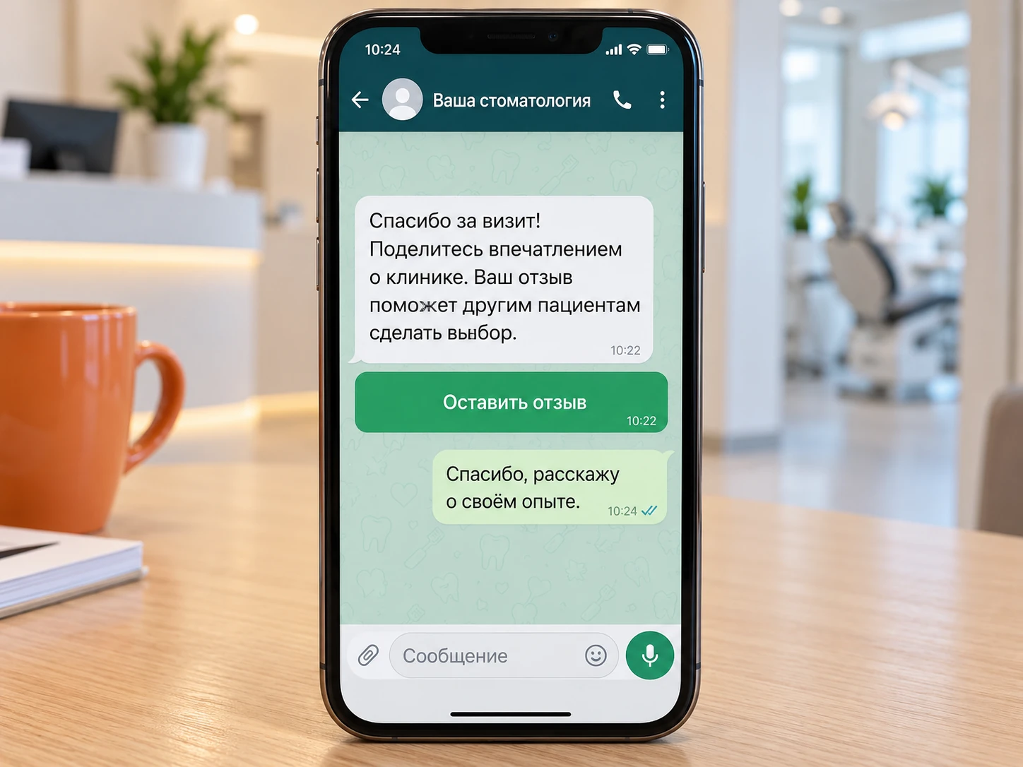Нейтральное приглашение поделиться впечатлением о клинике по прямой ссылке